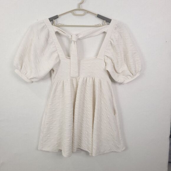Free People Violet  Mini Dress White M Puff Sleeve Textured Back Tie babydoll - Picture 7 of 15